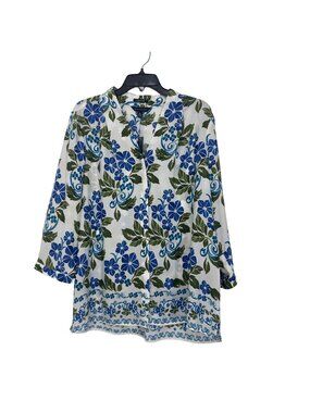 Investments Womens Floral Print Button-Front Tunic Blouse White/Blue Size XL